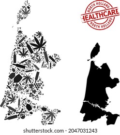Mapa de mosaicos de drogas vectoriales de Holanda del Norte. Grunge la atención de salud alrededor de la imitación de goma roja. Plantilla para aplicaciones de drogadicción y atención de la salud.