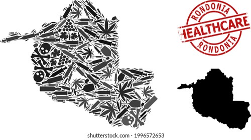 Vector drugs mosaic map of Rondonia State. Scratched health care round red rubber imitation. Template for narcotic addiction and health care purposes.