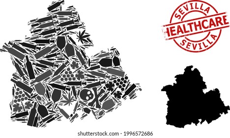 Vector drugs mosaic map of Sevilla Province. Rubber health care round red seal stamp. Concept for narcotic addiction and health care doctrines.