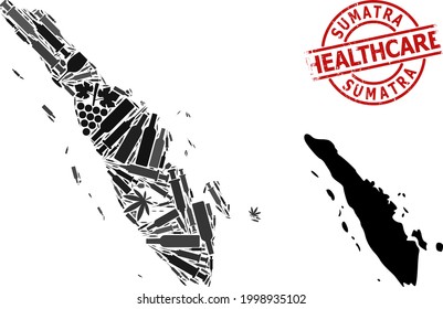 Vector drugs mosaic map of Sumatra Island. Rubber healthcare round red seal. Template for narcotic addiction and healthcare doctrines. Map of Sumatra Island is shaped with injection syringes, danger,