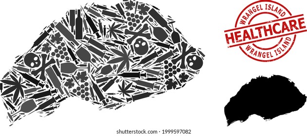 Vector drugs mosaic map of Wrangel Island. Grunge health care round red imprint. Concept for narcotic addiction and health care propaganda.