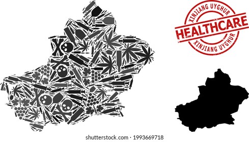 Mapa de mosaicos de drogas vectoriales en la región uigur de Xinjiang. Cuidados de goma de sellado rojo redondo. Concepto de adicción a los estupefacientes y proclamas de atención de la salud.