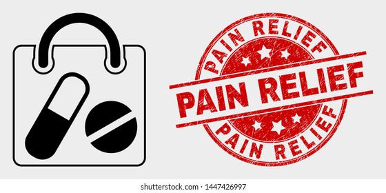 Vector drugs shopping bag icon and Pain Relief seal stamp. Red round textured seal stamp with Pain Relief caption. Vector composition for drugs shopping bag in flat style.