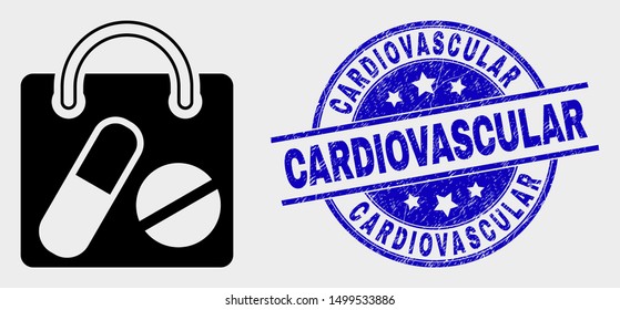 Vector drugs shopping bag icon and Cardiovascular seal. Red round scratched seal stamp with Cardiovascular caption. Vector combination in flat style. Black isolated drugs shopping bag icon.