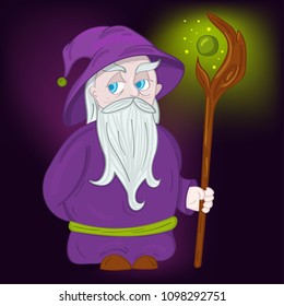 Vector druid character with hat and magic staff isolated on purple background