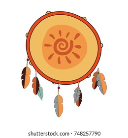 Vector Drum Icon. Indian Native Tambourine With Feathers And Sun Illustration.