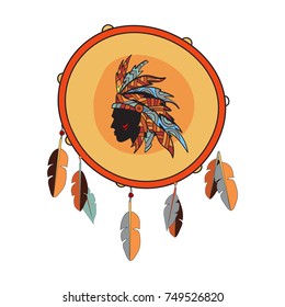 Vector drum icon. Indian native tambourine with feathers and native american illustration.