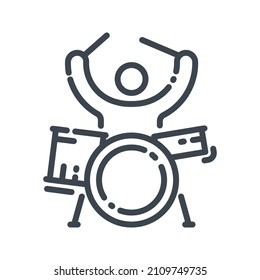 Vector drum kit with a drummer plaing on it. Line icon. Musical percussion instrument symbol isolated on transparent background.