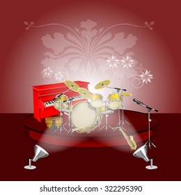 Vector drum kit, piano, saxophone, trumpet, microphone on the podium backlit with red background. You can use as a template for the posters or advertising with any text.