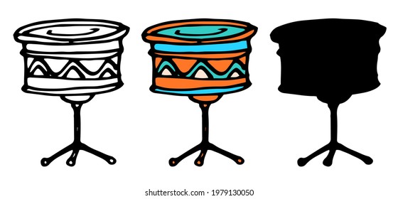 Vector drum on a tripod. A set of isolated elements of a musical instrument drums in doodle style drawn on the side on a stand with a pattern of wavy lines in orange and blue, a black outline 