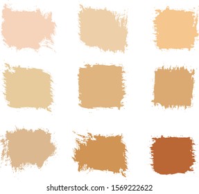 Vector Dry Brush Strokes. Makeup strokes, Beauty and cosmetic nude brush stains vector background.  Powder. Set of lipstick swatches, texture isolated on white. Skin tones color palette.