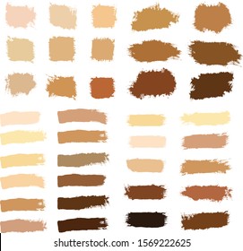Vector Dry Brush Strokes. Makeup strokes, Beauty and cosmetic nude brush stains vector background.  Powder. Set of lipstick swatches, texture isolated on white. Skin tones color palette.