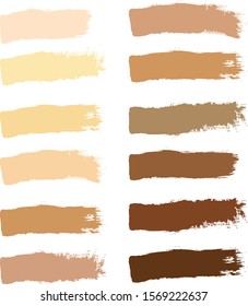 Vector Dry Brush Strokes. Makeup strokes, Beauty and cosmetic nude brush stains vector background.  Powder. Set of lipstick swatches, texture isolated on white. Skin tones color palette.