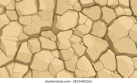 Vector dry cracked earth texture, beige desert soil pattern. Stylized cartoon ground background for arid landscape, nature backdrop, environmental banner, drought land concept, clay surface.