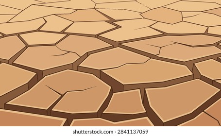 Vector dry cracked ground texture. Brown and beige desert earth background backdrop for banner design. Stylized soil mud cracks pattern illustration of global warming and severe drought crisis.