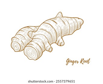 Vector dry ginger root line art illustration, graphic line ginger. Ginger piece for tea. Engraving. Ingredient. Great for any designs, textile, art, walls, package