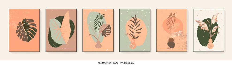 Vector dry pampas grass contemporary wall art prints. Artistic boho botanical wall art set. Abstract exotic plants home decor prints. Soft gentle muted neutral colors. Mid century modernist aesthetics