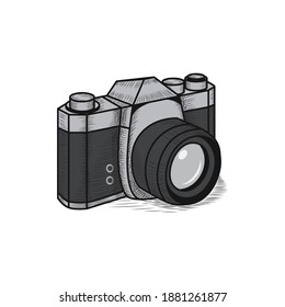 Vector dslr slr camera hand drawn illustration vintage retro style with white background