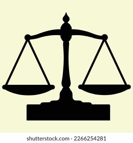 Vector dual balance Themis scales of justice on decorative stand. Mechanical balancing scales, symbol of law and judgment, measuring Justice scales icon. 
Law balance symbol. Libra in flat design