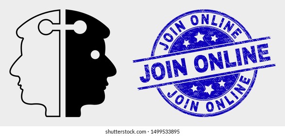 Vector dual head link icon and Join Online stamp. Red round textured seal stamp with Join Online text. Vector combination in flat style. Black isolated dual head link icon.