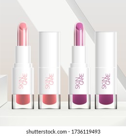 Vector Dual Layers Core Lipstick with White Tube and Transparent Base Packaging. Minimal Geometric White Background.