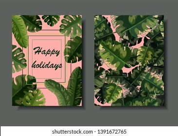 Vector dual postcard template with green palm leaves and tropical plants on pink background. Floral frame for invitation, greeting, wedding or party.