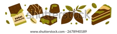 Vector Dubai chocolate and pistachio set. Chocolate bar, pistachio sweets, cocoa pod, whole nuts, and gourmet cake slice. Premium dessert illustration collection for confectionery packaging, menu.