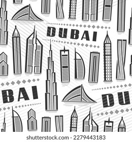 Vector Dubai Seamless Pattern, repeating background with illustration of famous modern dubai city scape on white background for wrapping paper, monochrome line art urban poster with black text dubai