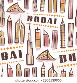 Vector Dubai Seamless Pattern, square repeating background with illustration of famous modern dubai city scape on white background for wrapping paper, decorative line art urban poster with text dubai