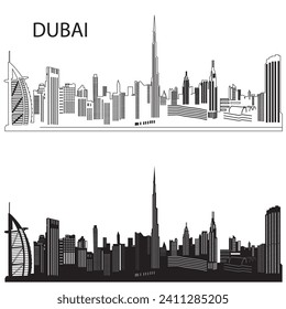 the Vector Dubai Skyline Silhouette Clipart encapsulates the city's iconic architecture, featuring landmarks like Burj Khalifa. Perfect for elevating presentations, designs, and promotional materials 