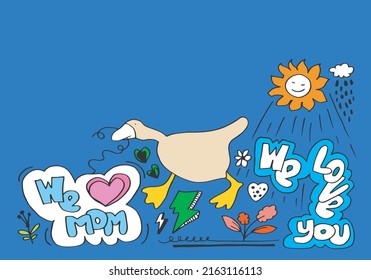 vector duck with handwriting we love you. farm animal bird cartoon character illustration. vector illustration art