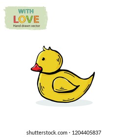Vector duck isolated on a white background.Hand draw little bird kids  toy in doodle style with shadow over white.Animal toy yellow duck bird