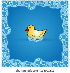 Vector duck in soap bubble bath on blue background