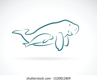 Vector of dugong mother and dugong child on white background. Animal. Mammal. Easy editable layered vector illustration.