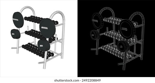 Vektorgrafik Hantel Rack Drahtmodell Illustration Line Art Blaupause auf durchsichtigem Hintergrund 