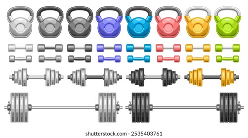 Vector Dumbbell Set, collection of cut out illustrations variety colorful dumbbells and monochrome barbells for fitness room, group of metall fitness products for workout on white background