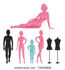 Vector dummy mannequin model poses male and female beautiful attractive sculpture plastic figure silhouette.