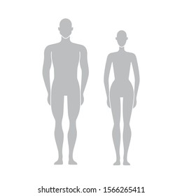 Vector Dummy Silhouette. Mannequin Male And Female. Figures Of Man And Woman. Human Body. People Front Side. Vector Isolated Editable Template For Measurements, Fashion, Fitness, Medical Illustration.