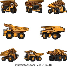 Vector of Dump truck Equipment for the high-mining industry. View front, rear, side  Mining machinery, industry equipment, Heavy career truck, open extraction, anthracite coal, nickel, gold mining