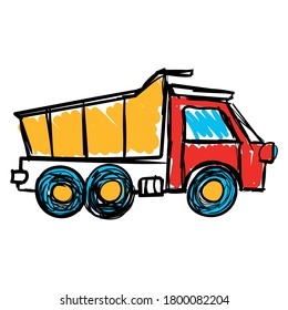 vector dump truck icon, drawing in children's style. isolated on a white background