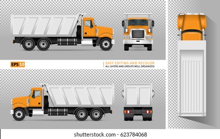 Vector dump truck. Tipper lorry on transparent background. All elements in the groups have names, the view sides are on separate layers for easy editing. View from side, back, front and top.