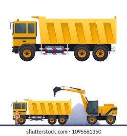 Vector dumper and road worker, illustration of road works truck on road, worker in helmet, vector yellow dump truck