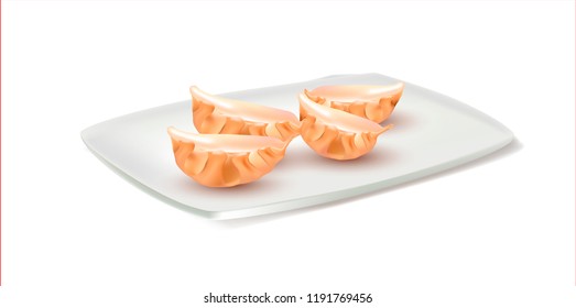 Vector Dumplings Chinese dumplings on a white plate. Chinese food. Isolated on white background.