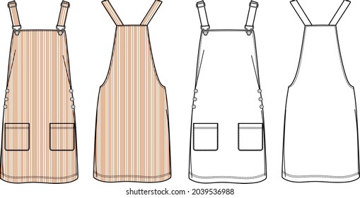 Vector dungaree dress fashion CAD, woman mini dress with striped seamless pattern technical drawing, template, flat, sketch, mock up.  Jersey or woven fabric dress with front, back view, white color