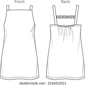 Vector dungaree dress fashion CAD, woman sleeveless mini dress technical drawing with wide straps, template, flat, sketch, mock up.  Jersey or woven fabric dress with front, back view, white color