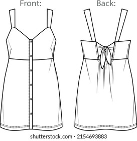 Vector dungaree dress fashion CAD, woman sleeveless mini dress technical drawing with wide straps, template, flat, sketch, mock up.  Jersey or woven fabric dress with front, back view, white color