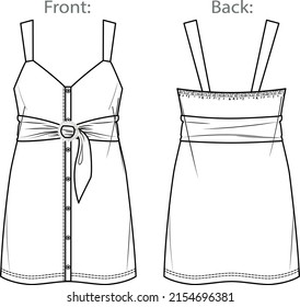 Vector dungaree dress fashion CAD, woman sleeveless mini dress technical drawing with wide straps, template, flat, sketch, mock up.  Jersey or woven fabric dress with front, back view, white color