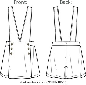 Vector dungaree dress fashion CAD, woman mini dress technical drawing with buttons detail, template, flat, sketch, mock up.  Jersey or woven fabric skort with front, back view, white color. Short flat