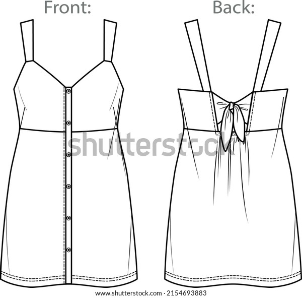 Vector dungaree dress fashion CAD, woman sleeveless\
mini dress technical drawing with wide straps, template, flat,\
sketch, mock up.  Jersey or woven fabric dress with front, back\
view, white color