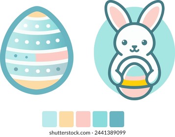 Vector duo set of decorated egg and cute, pastel-colored Easter bunny holding a decorated egg, set against a light background